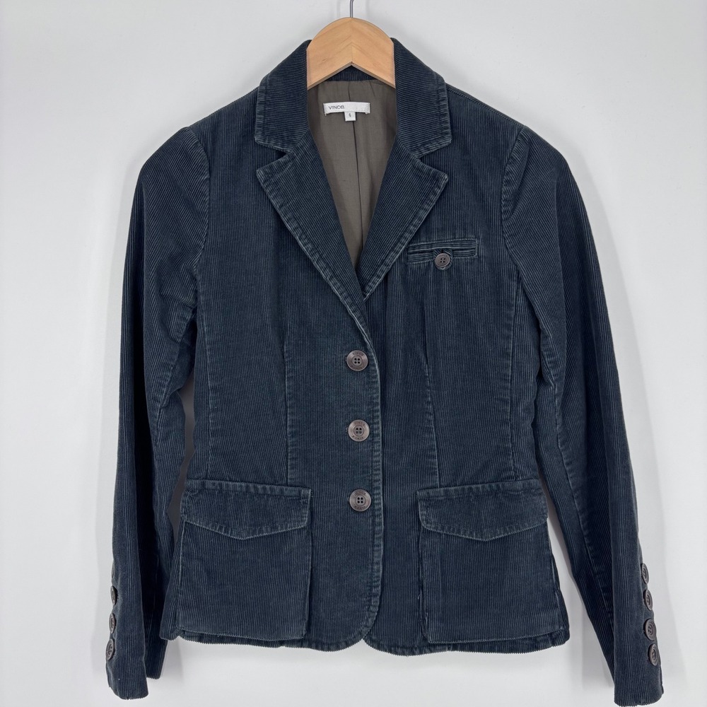 Vince Corduroy Blazer Women 4 Dark Navy Blue Cotton 3-Button Quiet Luxury Preppy